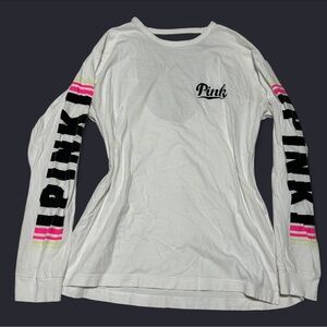 PINK Victoria's Secret White Long Sleeve Tee with Black and Pink Accents
